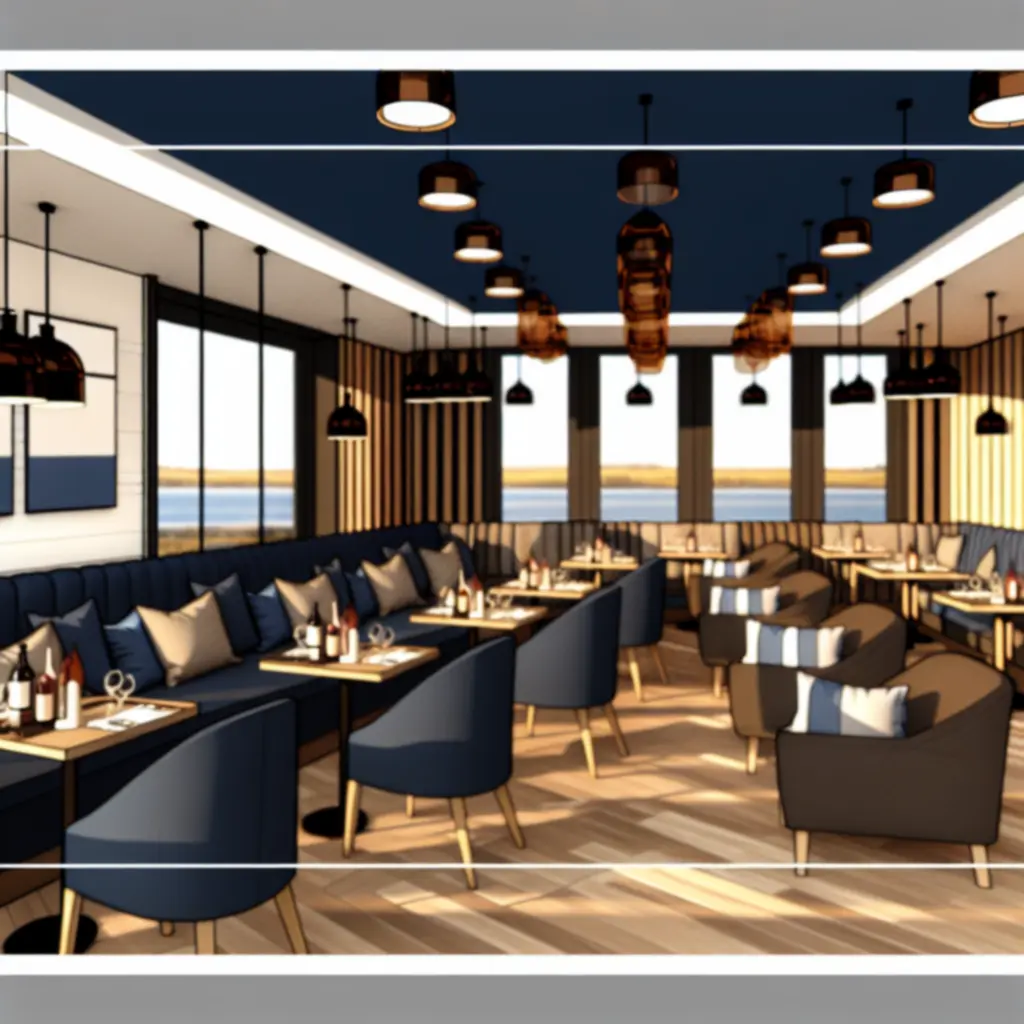 Przytulne wnętrze BoberLounge z granatowymi akcentami, bursztynowym światłem i wygodnymi miejscami siedzącymi.