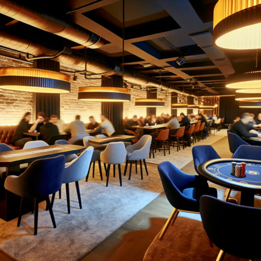 Przytulne wnętrze BoberLounge z oświetlonymi stolikami do gry i barem.