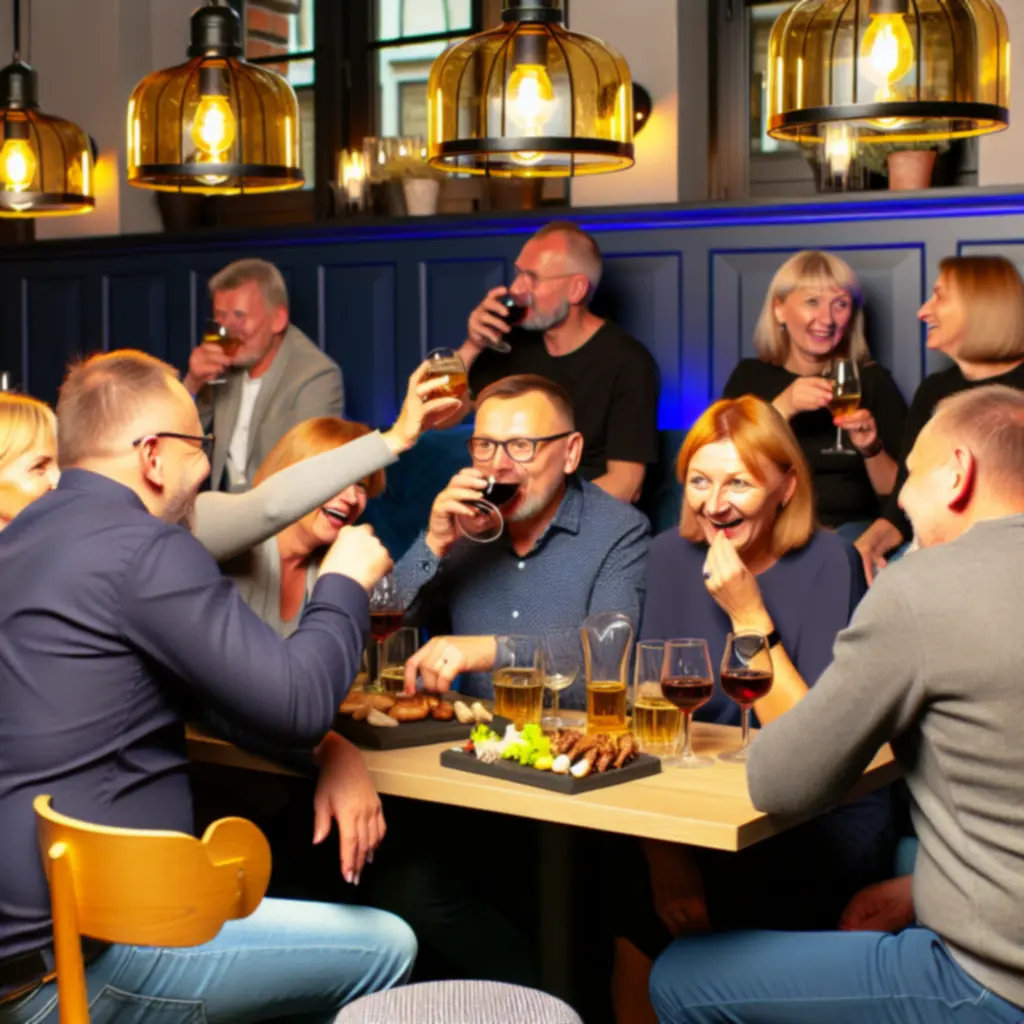 Uśmiechnięci goście przy stoliku z kartami i drinkami w BoberLounge