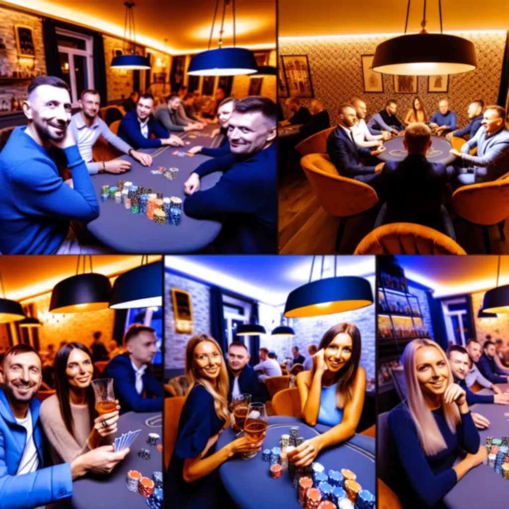 Grupa gości przy stolikach pokerowych w nastrojowym wnętrzu BoberLounge