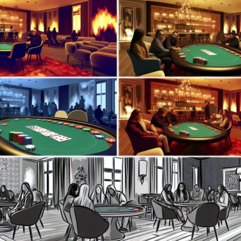 Sala BoberLounge z oświetlonymi stołami pokerowymi oraz strefą wypoczynkową.