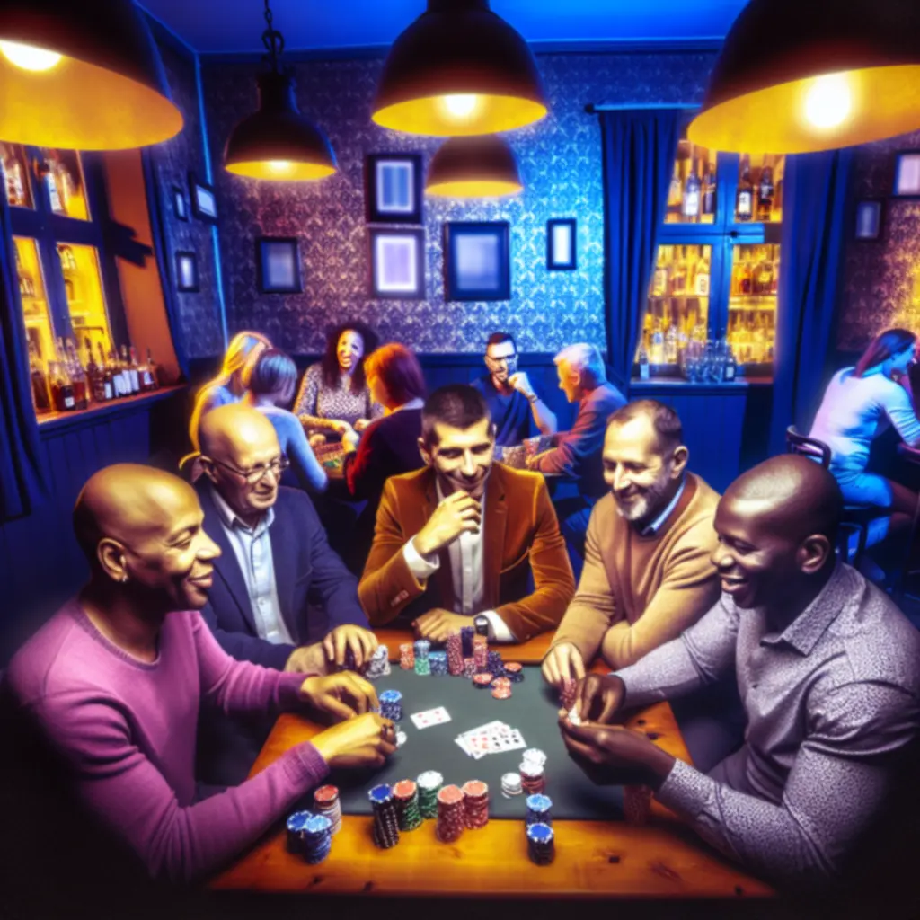 Gracze przy stoliku pokerowym w przytulnym barze
