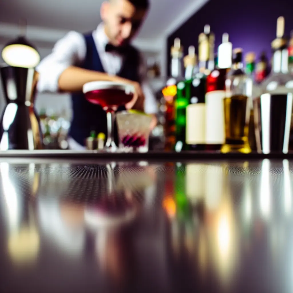 Bar w BoberLounge z kolorowymi koktajlami i nastrojowym oświetleniem.